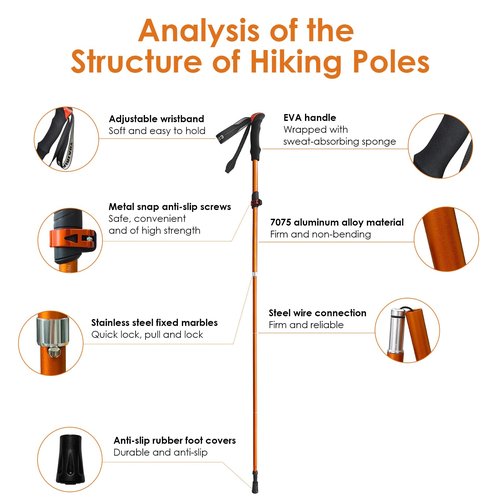Collapsible Trekking Poles,7075 Aluminum Adjustable 43.3"-51.2" Hiking Poles, Quick-Lock Design,Walking Sticks for Hiking/Camping/Travel,1pc(Matte Orange)