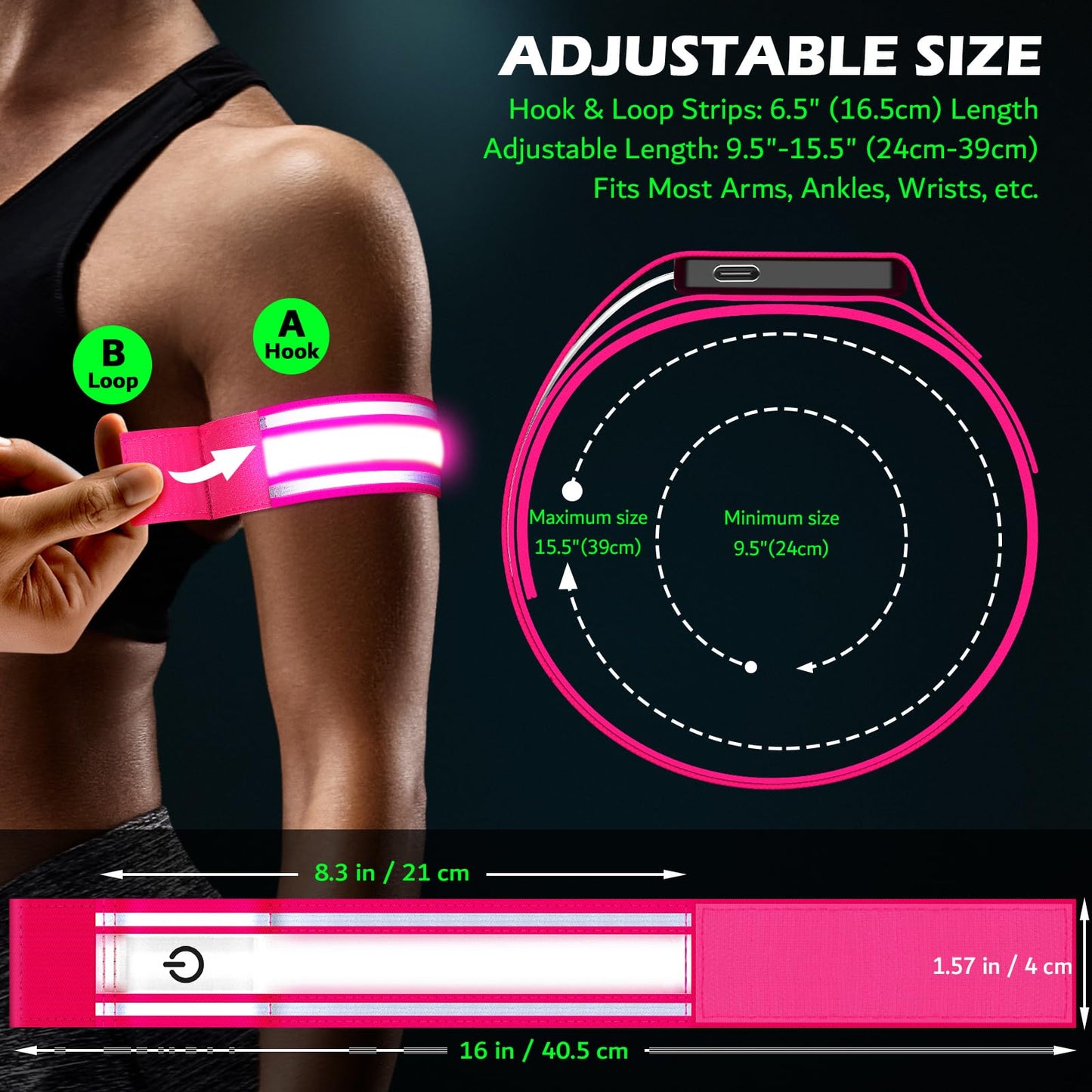LED Armband Rechargeable for Running(2 Pack),Light Up Arm Bands for Night Walking,Running Lights for Runners,High Visibility Reflective Running Gearr for Night Safety Light Up Wristbands (Pink)