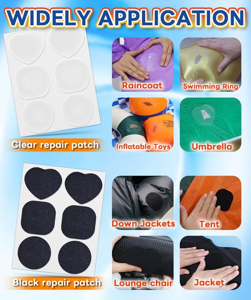Heavy Duty Repair Patch Kit for Bounce House, Fabric, Tent, Canvas, Canopy, Pool Floats, RV Awning, Boat Covers, Waterproof, Clear and Black, 12PCS