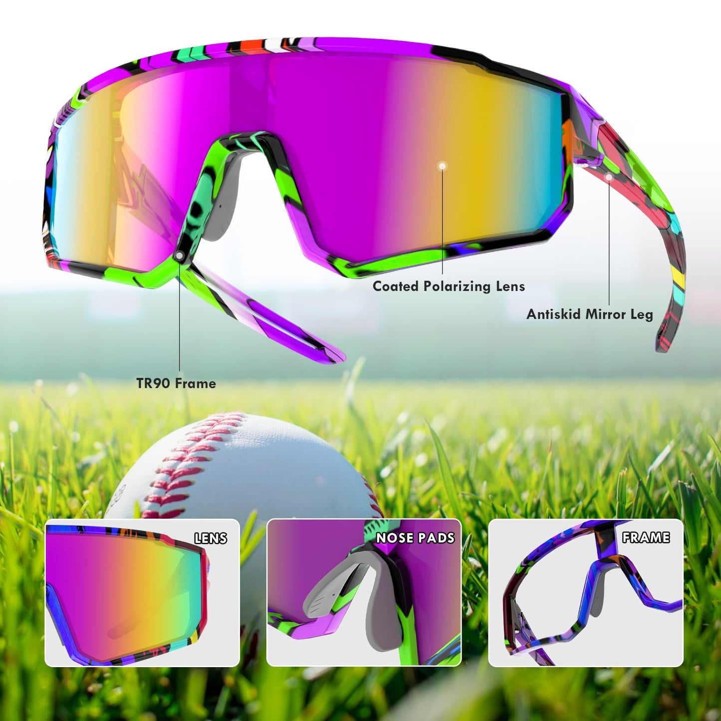 BOLLFO 3 PackPolarized Sports Sunglasses,UV400 Protection Outdoor Glasses for Men Women Youth Baseball Cycling Running Driving Golf
