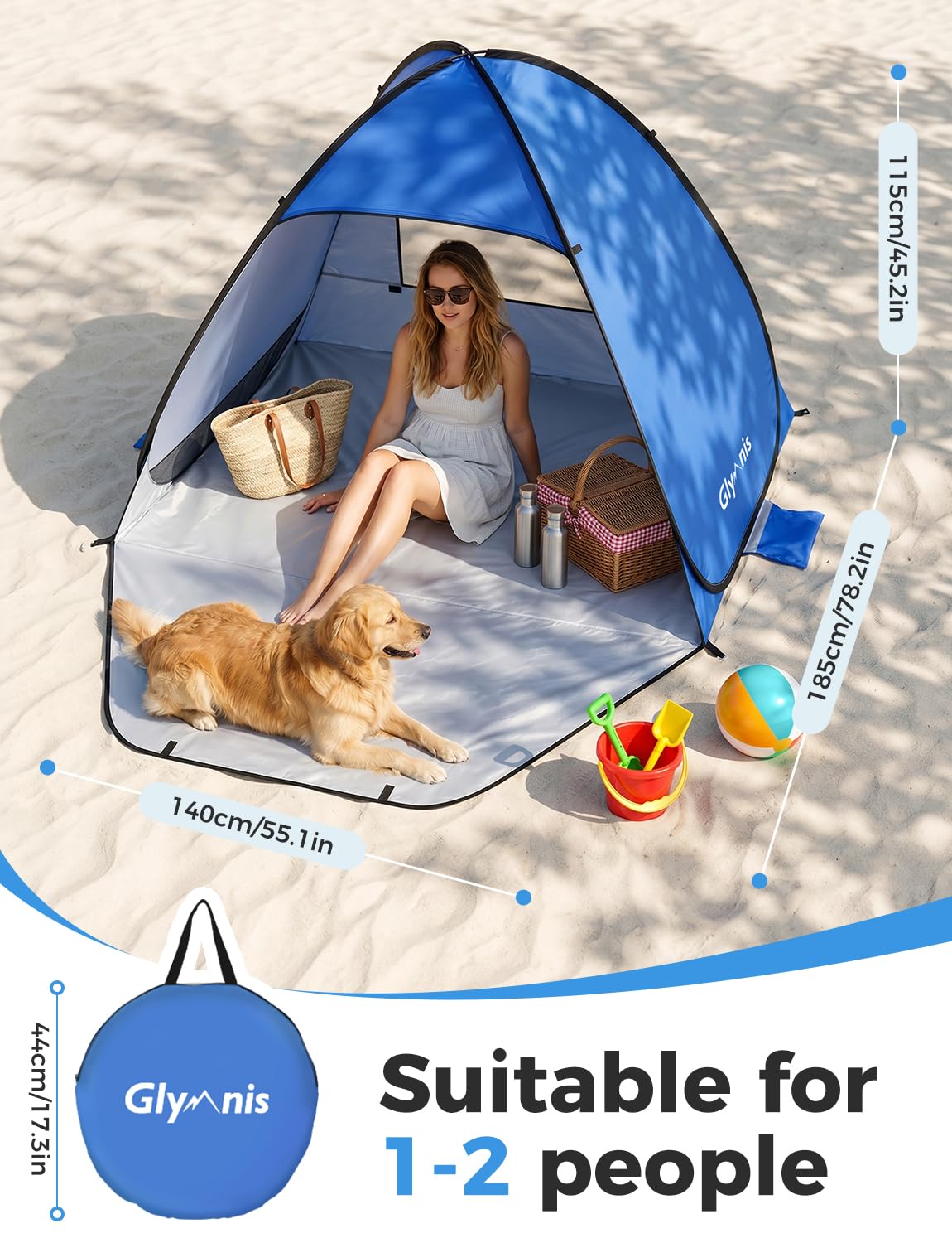 Glymnis Pop Up Beach Tent Instant Portable Sun Shade Shelter (S) 1-2 Persons UPF 50+ with Extendable Floor Zipper Door Automatic Easy Up Tent