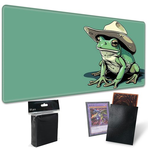 TCG Playmat Board Game Mat Plus 50 Pcs Card Sleeves, 24 x 14 Table Mats Game Mousepad with Soft Surface Non-Slip Base for MTG RPG CCG Trading Card Game Playmats, Green Frog