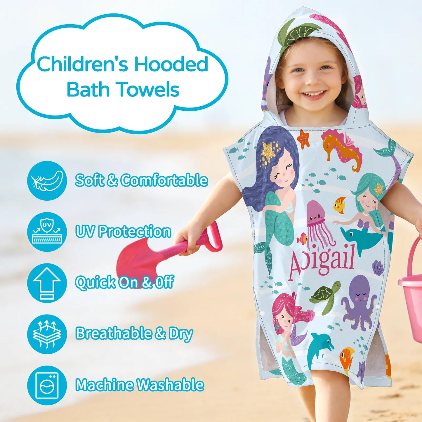 Personalized Mermaid Hooded Beach Towels for Toddlers, Customized Hooded Bath Towel for Girls Kids with Name, Baby Poncho, Custom Microfiber Soft Towels 1-6 Years with Hood Robe for Pool Swimming