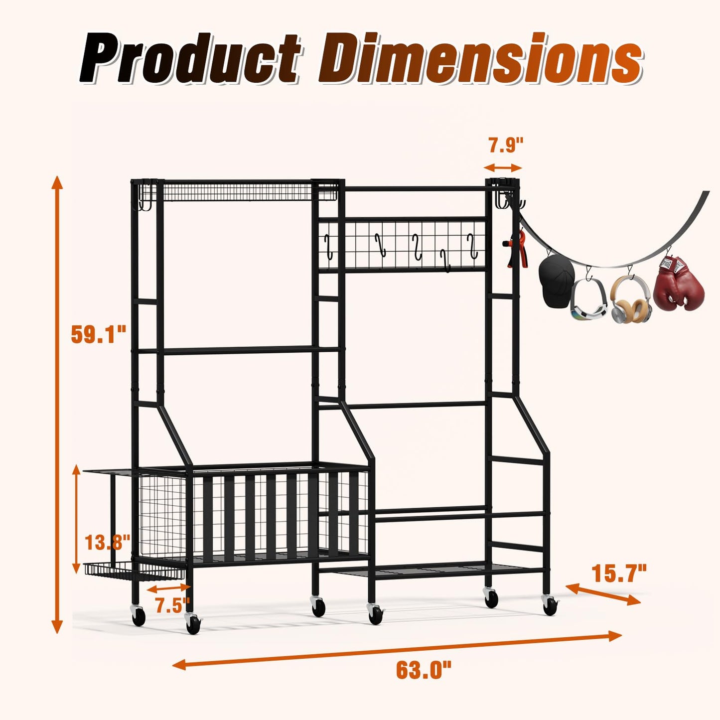 JIRTEMOT Sports Equipment Organizer Pro, Heavy Duty Golf Bags Stand, Extra Large Ball Storage Rack for Garage, Sports Gear Storage with Pegboard and Hooks, 360° Swivel Wheels
