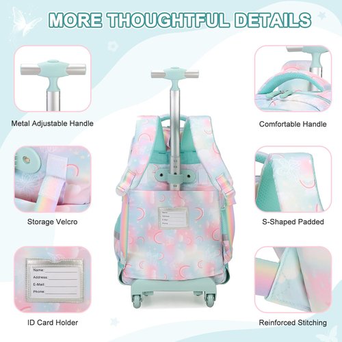 Scothen Rolling Backpack for Girls, 3PCS Roller School Backpacks for Girls with Lunch Bag and Pencil Pouch, Kids Bookbag Schoolbag with Wheels for Teen Girl Kindergarten Elementary Middle School
