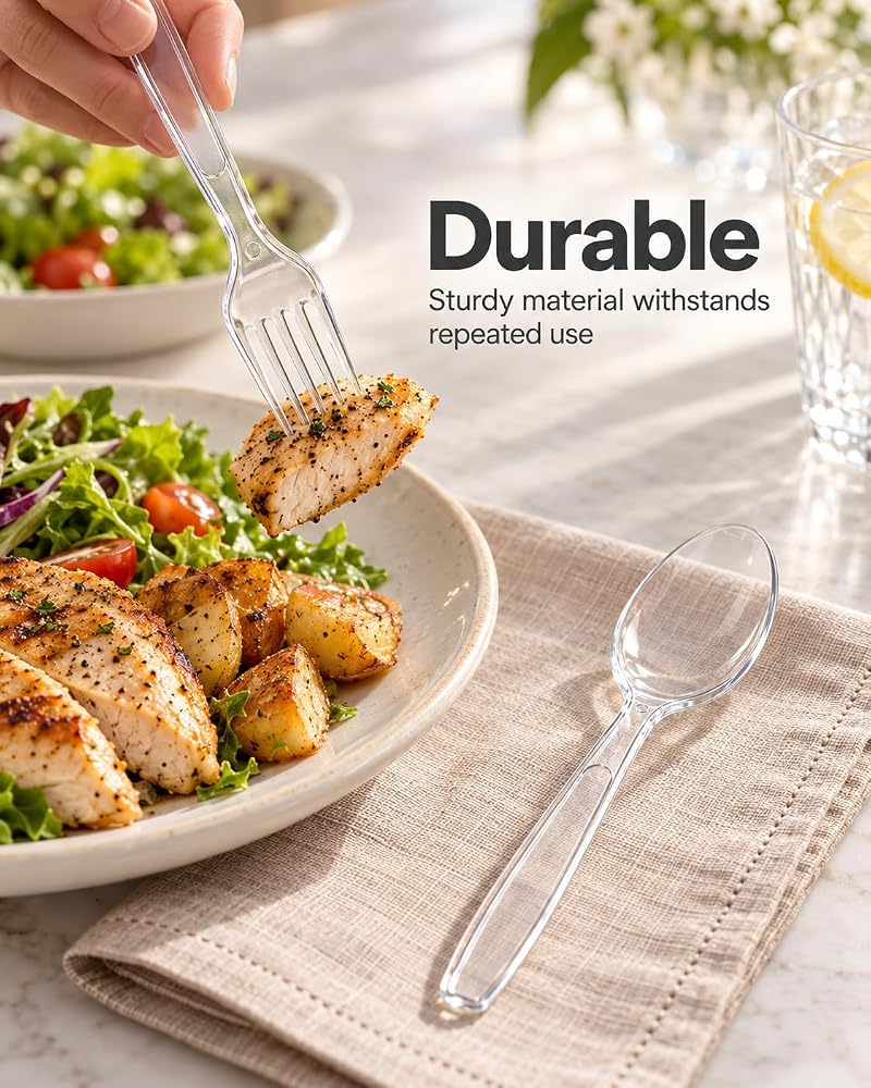 400pcs Clear Plastic Forks & Spoons - Heavy Duty Disposable Utensils, Crystal Clear 7" Forks & 6.5" Spoons, Includes 200 each (Variation of THIS listing: 400pcs Clear Plastic Forks and Spoons)