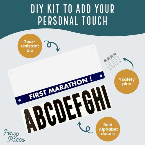 Pen & Paces First Marathon Name Bib Kit – Weatherproof, Tear-Resistant Race Bib with Alphabet Decals & Safety Pins – Add-Your-Name Running Accessory for 5Ks, Marathons, Triathlons, Cycling & Races