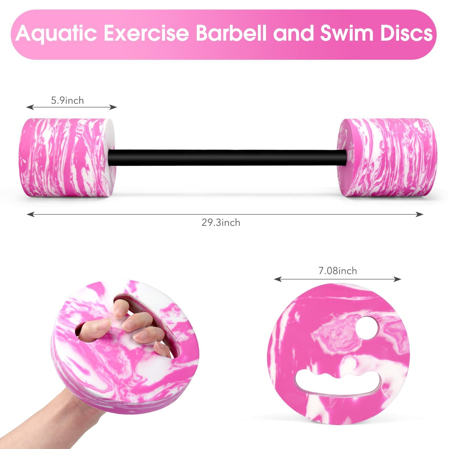 IEBIYO 29.3’’Aquatic Exercise Equipment Swim Barbell High Density EVA Foam Pool Barbell Swim Dumbbell with Water Exercise Discs Aquatic Fitness Equipment (Pink&White)