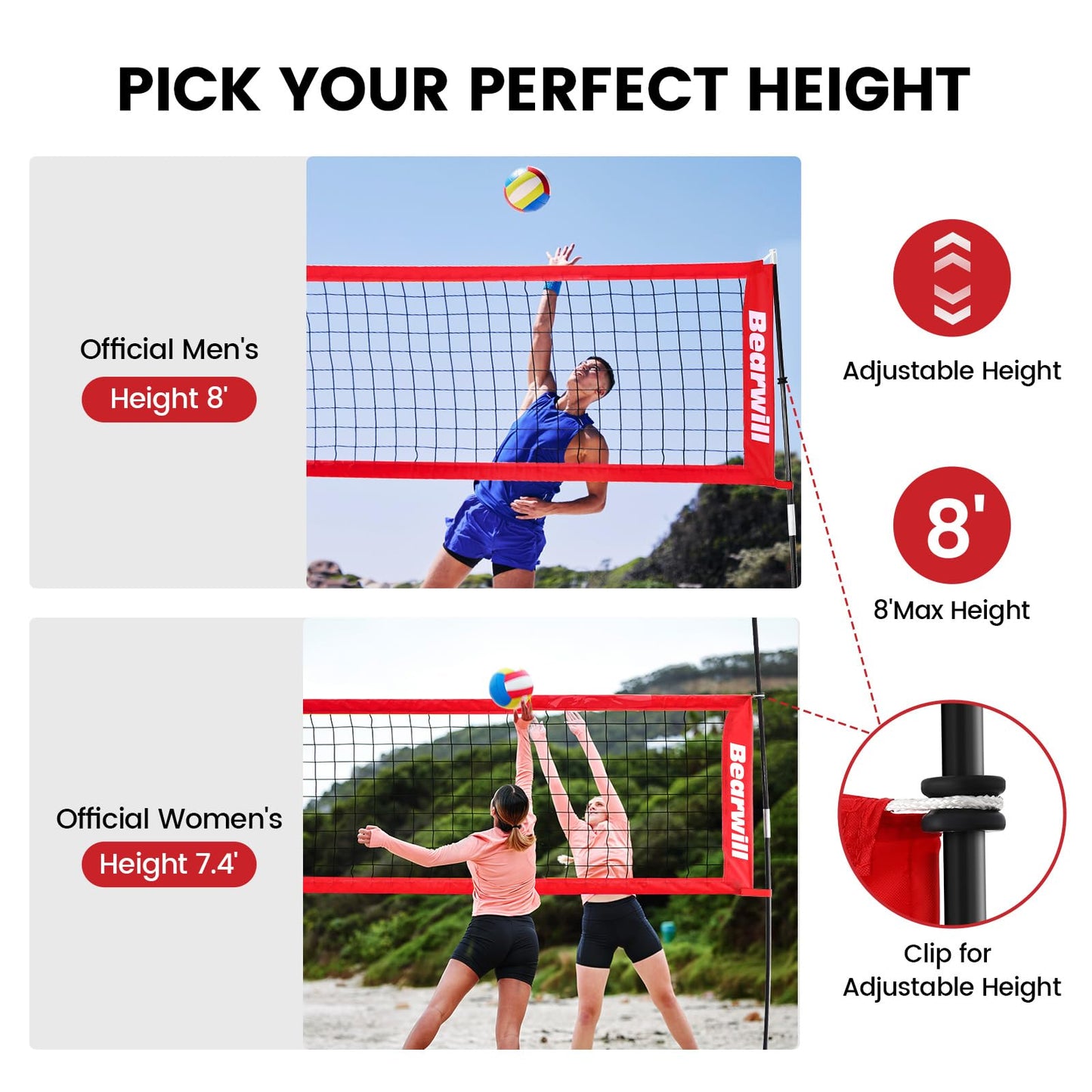 Bearwill Volleyball Net, 12FT Portable Volleyball Net for Backyard, Freestanding Volley Ball Set Height Adjustable with Carry Bag, Volley Ball Practice Nets Training Equipment for Indoor and Outdoor