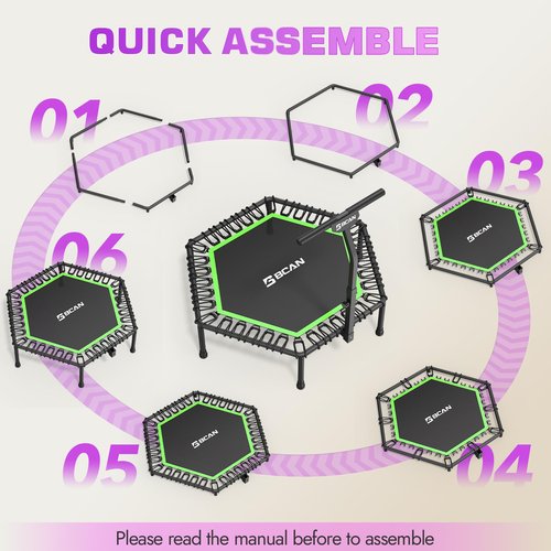 BCAN 51" Mini Hexagon Trampoline, Adult Fitness Trampoline with T-Adjustable Handle Bar, Silent Bungees, Larger, More Stable, Quiet Indoor/Garden Workout - Green