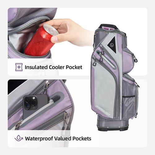 Max Lightweight Golf Cart Bag with Dual Handles and 14 Way Individual Full Length Dividers, Golf Club Bag with 11 Pockets, Large Putter Well, Double Strap Cooler for Men & Women (Mix/Grey/Purple)