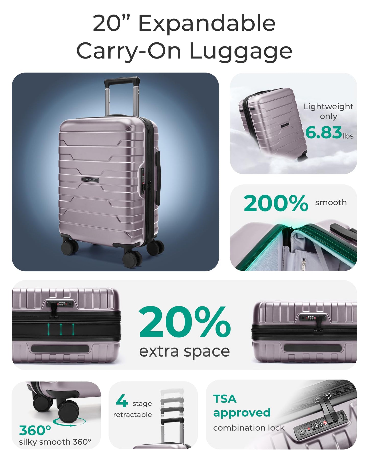 BAGSMART Carry-On Luggage 20" Expandable Spinner 22x14x9,Rose Purple