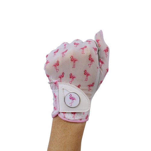 Hand Candy Golf Glove – Premium Cabretta Leather – “Flamingle” – Left Hand Women's Golf Glove with Matching Ball Marker (Small)