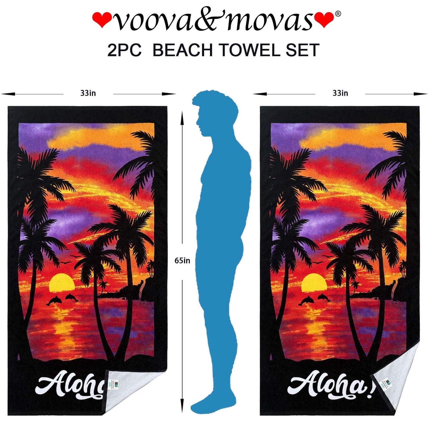 VOOVA & MOVAS Palm Sunset Beach Towels 2 Pack, 33"X65" Cotton Lightweight, Ultra Soft Absorbent Terry Towels for Adults Teens, Swim Pool Beach Camping Travel Gift