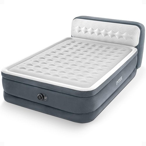 Intex 64447ED Dura-Beam Deluxe Ultra Plush Air Mattress with Headboard: Fiber-Tech – Queen Size – Built-in Electric Pump – 18in Bed Height – 600lb Weight Capacity