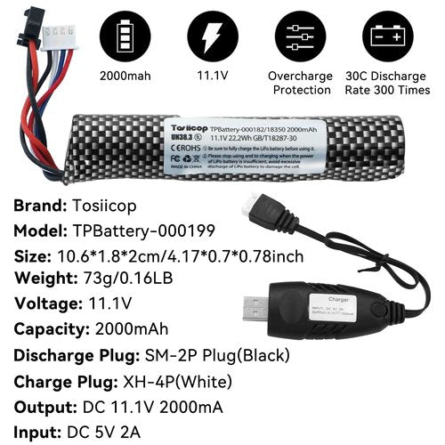 Tosiicop Airsoft Gel Blaster Battery - 11.1V 2000mAh Water Bead Splatter Ball Batteries with Mini Tamiya to SM2P Plug Rechargeable Charger Cable for Splat Ball Replacement - 1 Pack