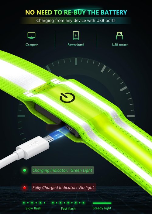 Fokia Kunbio LED Reflective Belt Sash for Walking at Night, Night Running Safety Gear High Visibility Rechargeable LED Light Up Running Belt for Runners Walkers Men Women (Green)