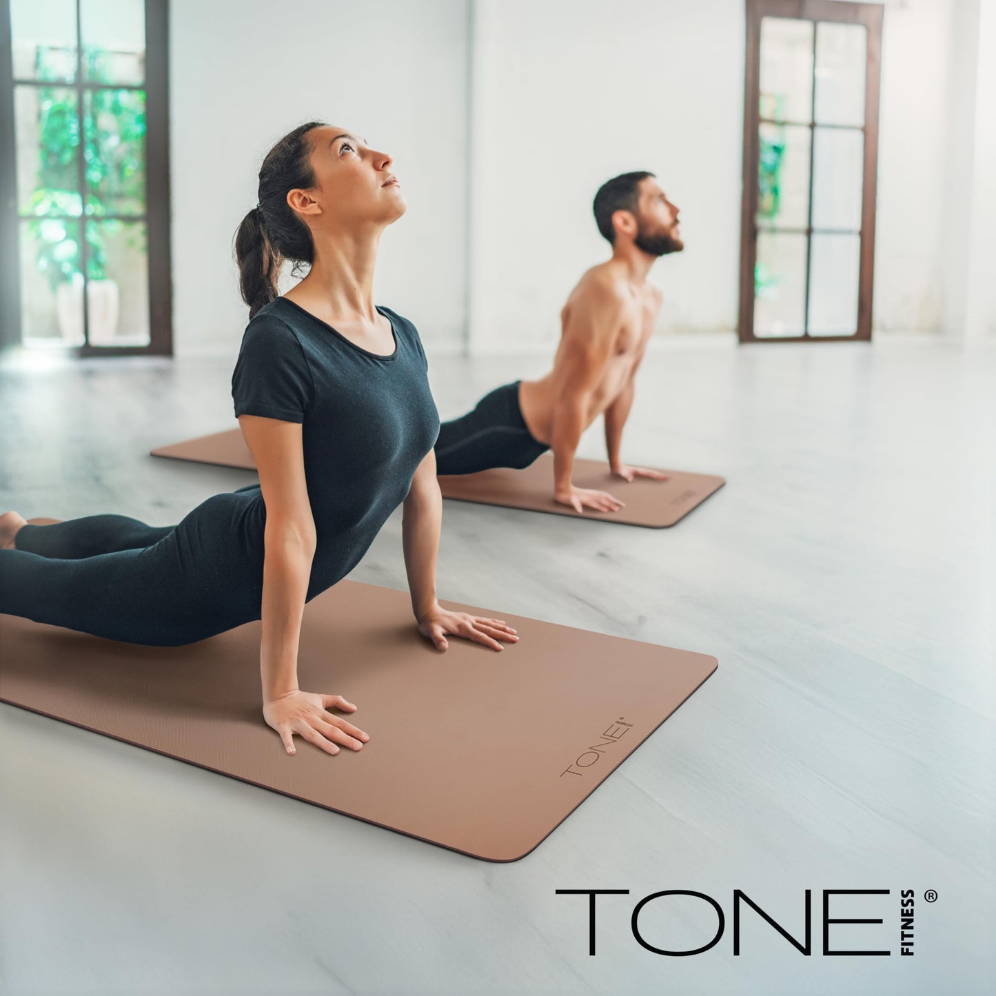 TONE Fitness Yoga Mat 1/4" Thick Non Slip Exercise & Pilates Mat for Home Workouts with Carrying Strap | Pyramid Pattern | Black/Blue