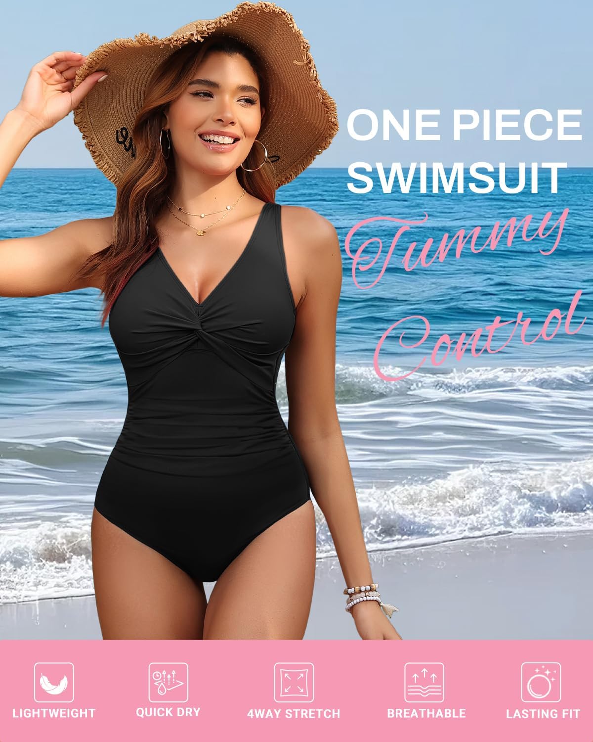Holipick Black Women Tummy Control One Piece Swimsuit - Push Up Bathing Suit Full Coverage Slimming Swimwear S