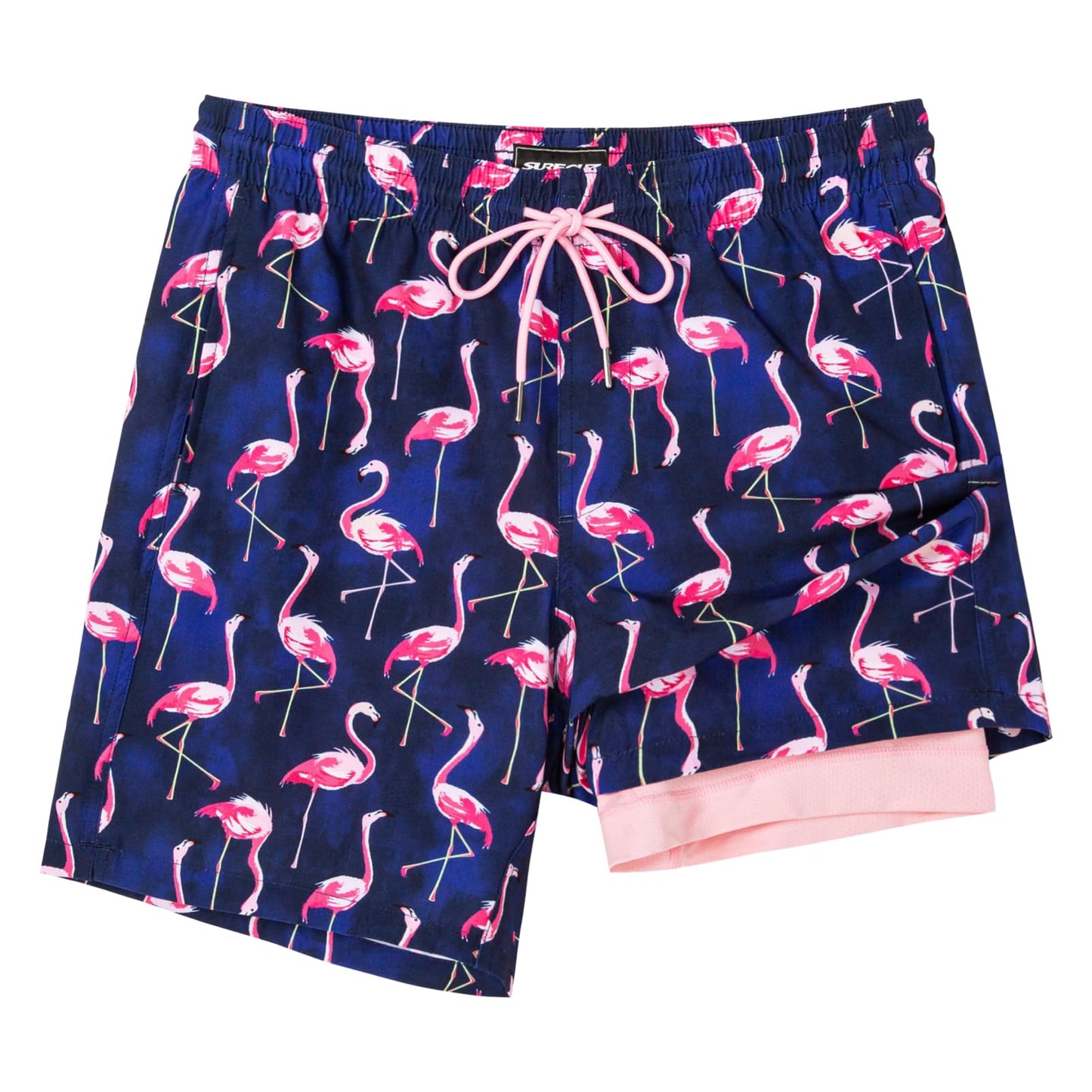 SURF CUZ Mens Swim Trunks with Compression Liner Quick Dry Swim Shorts 7" Swimming Trunks Stretch Bathing Suit 7 Inch,Flamingo Pink,S