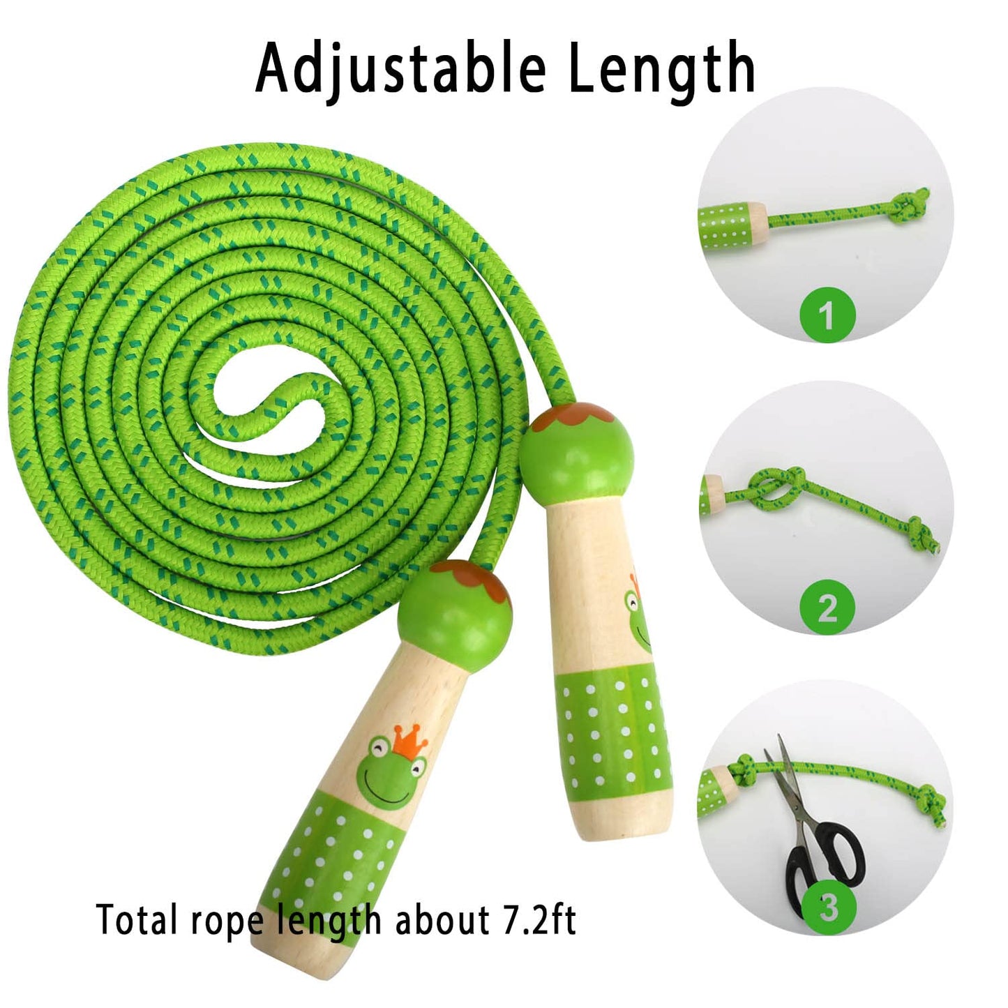 EGOSKY Jump Rope Kids, 7.2ft Children Adjustable Cotton Skipping Rope with Wooden Handle for Boys Girls Fitness Outdoor Activity Green