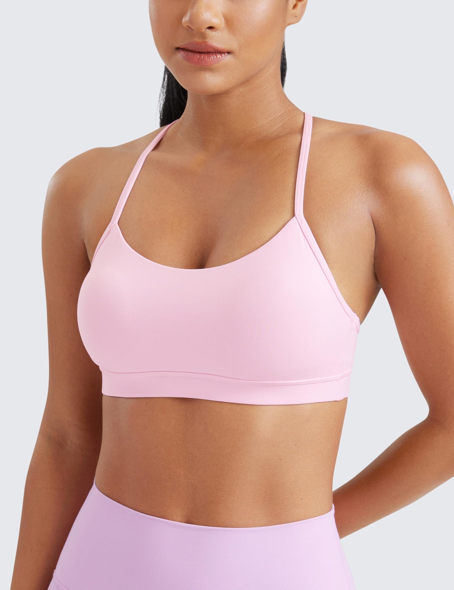 CRZ YOGA Butterluxe Y Back Sports Bras for Women - Padded Racerback Low Impact Spaghetti Thin Strap Workout Yoga Top Pink Peony X-Small