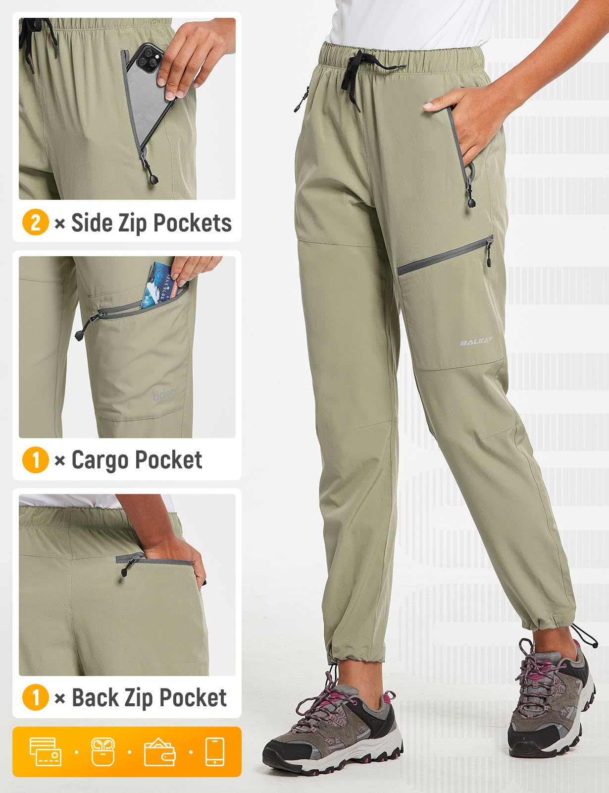 baleaf Women's Hiking Pants Quick Dry Lightweight Water Resistant Stretch Cargo Pants with Zipper Pockets Travel Camping 29''-Light Green XS