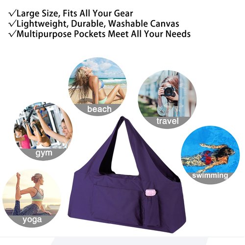 KUAK Extra Large Yoga Mat Bag with Zippered Top & 5 Pockets - Premium Canvas Tote with Yoga Mat Carrying Strap for Pilates, Gym, Fitness Block & Gear-Purple