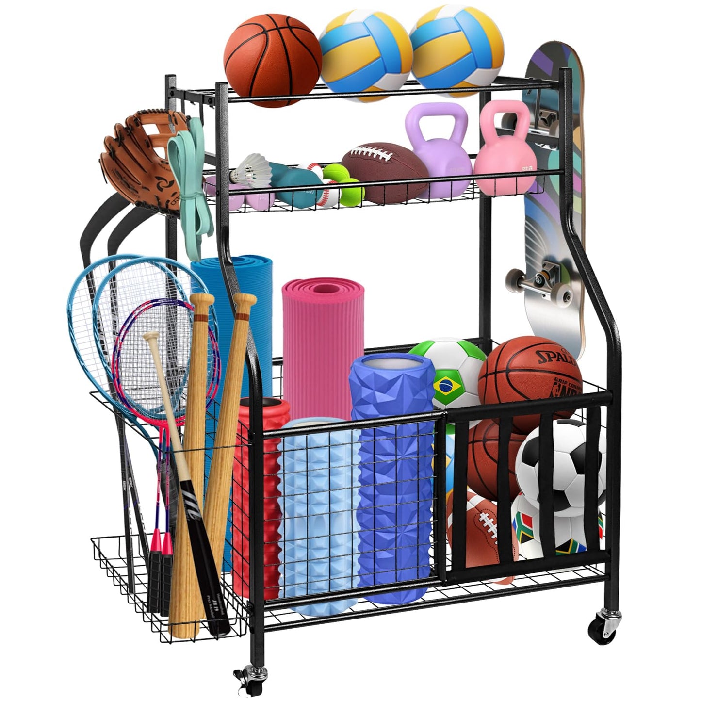 YOUNITA Garage Sports Equipment Organizer, Ball Storage Rack,Garage golf Organizer with Basket and Hooks,Rolling Sports Ball Storage Cart for Toy Gear Storage (45.71 inch)