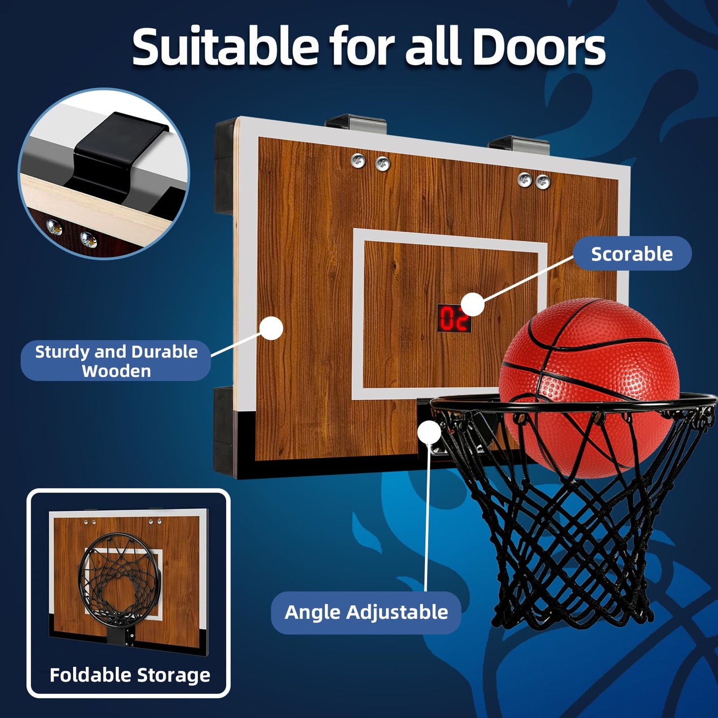 Laapee Indoor Mini Basketball Hoop Set, Over The Door/Wall Mounted with 16"x12"x3" Solid Wood Backboard, Digital Scoreboard, Anti-Shock Door Protection, Includes 3 Mini Basketballs & Air Pump