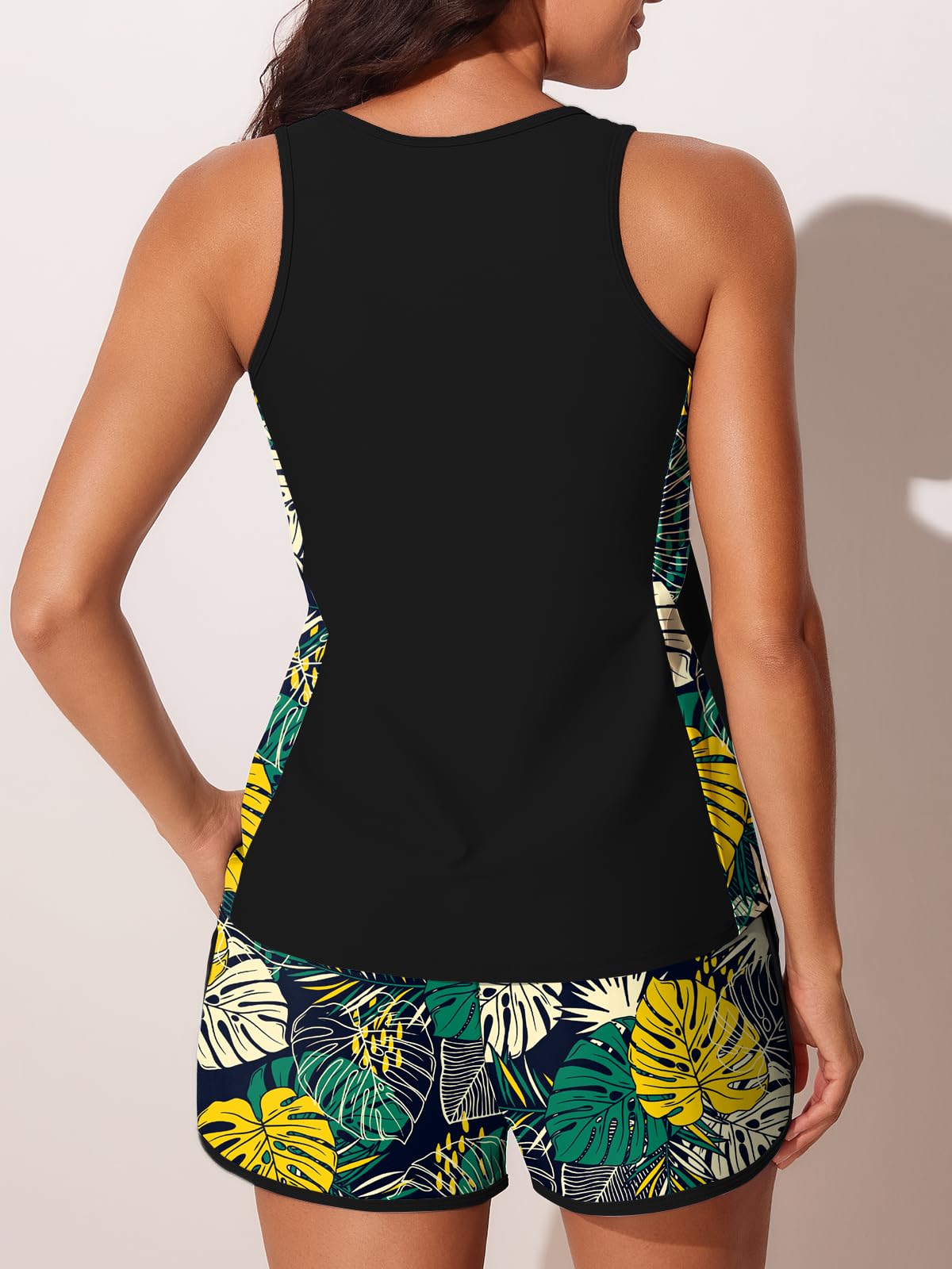 Summer Mae Blouson Tankini Swimsuits for Women 2026 Tummy Control Two Piece Bathing Suits with Sporty Pockets Swim Shorts Yellow Green Monstera Size 10