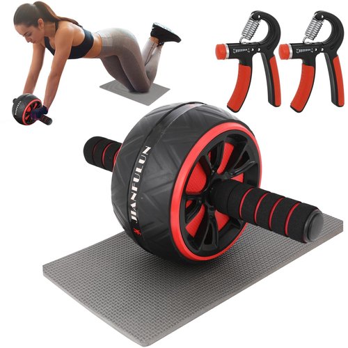 Ab Roller Wheel, Ab Workout Equipment for Abdominal & Core Strength Training, Home Gym Fitness Exercise Wheels for Women Men, with 2 Grip Strength Trainer & Knee Pad Accessories(Black+Red)