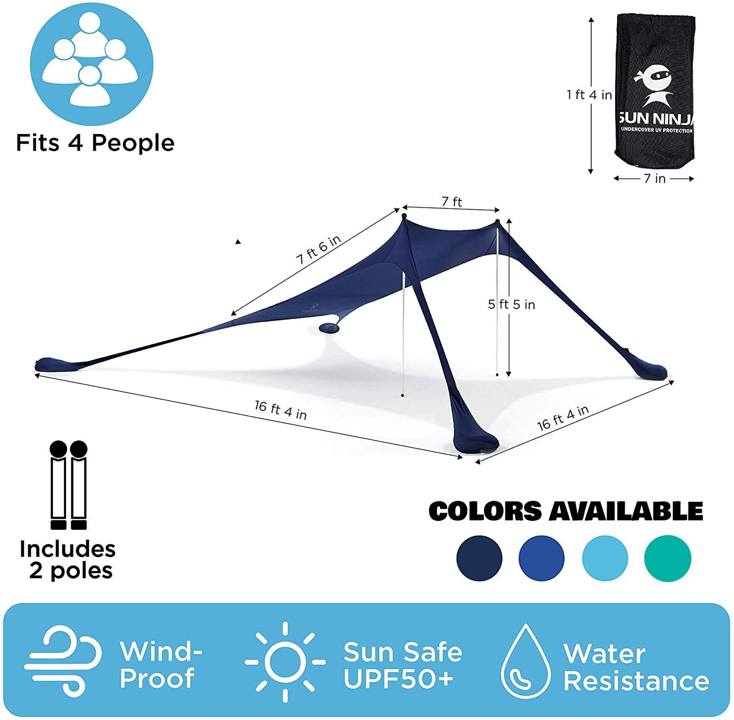 SUN NINJA Pop Up Beach Tent Sun Shelter UPF50+ with Sand Shovel, Ground Pegs and Stability Poles, Outdoor Shade for Camping Trips, Fishing, Backyard Fun or Picnics (7x7.5 FT 2 Pole, Navy)