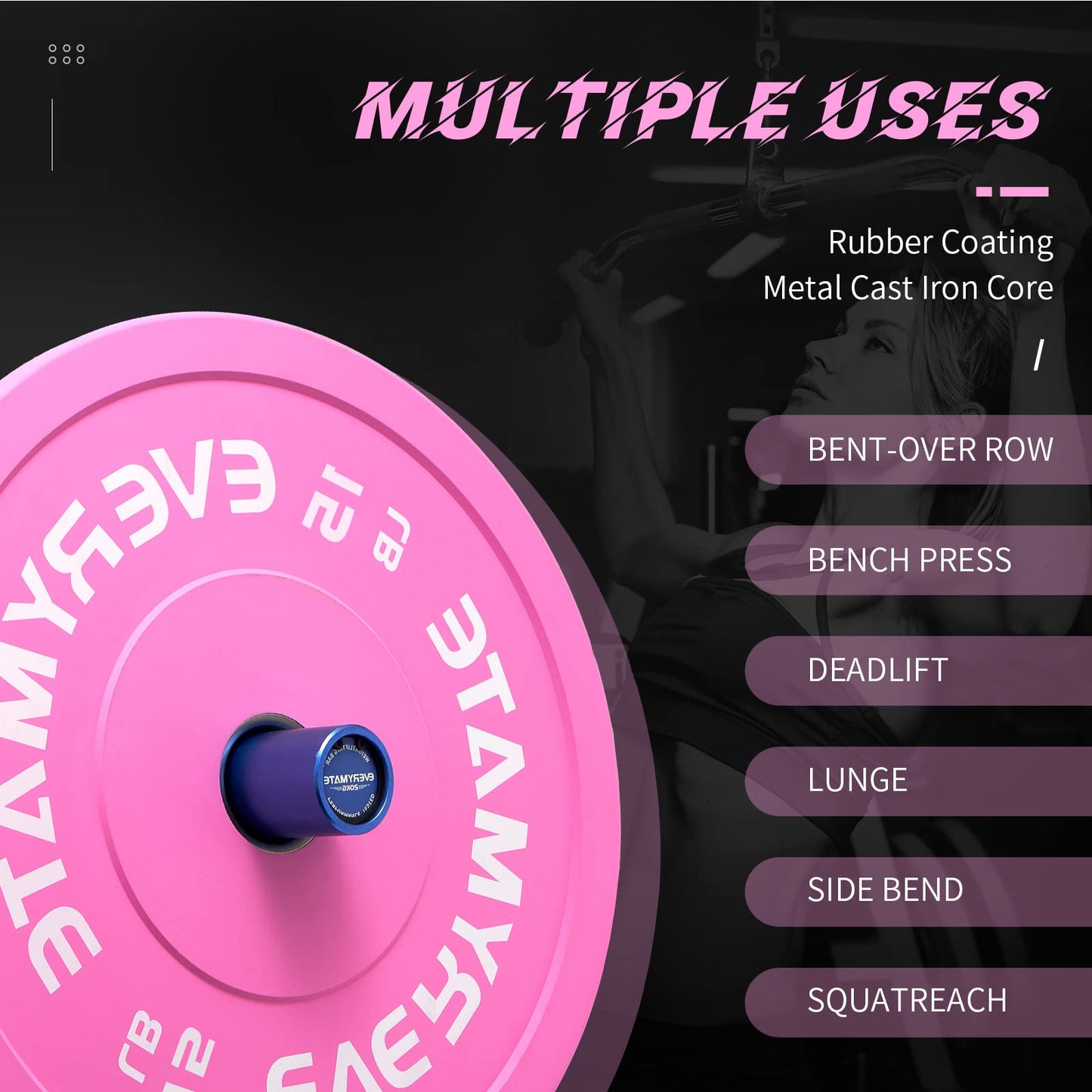 EVERYMATE Pink 15LB Olympic Bumper Plates Set, 2 Inch Bumper Plates for Cross Training and Weightlifting
