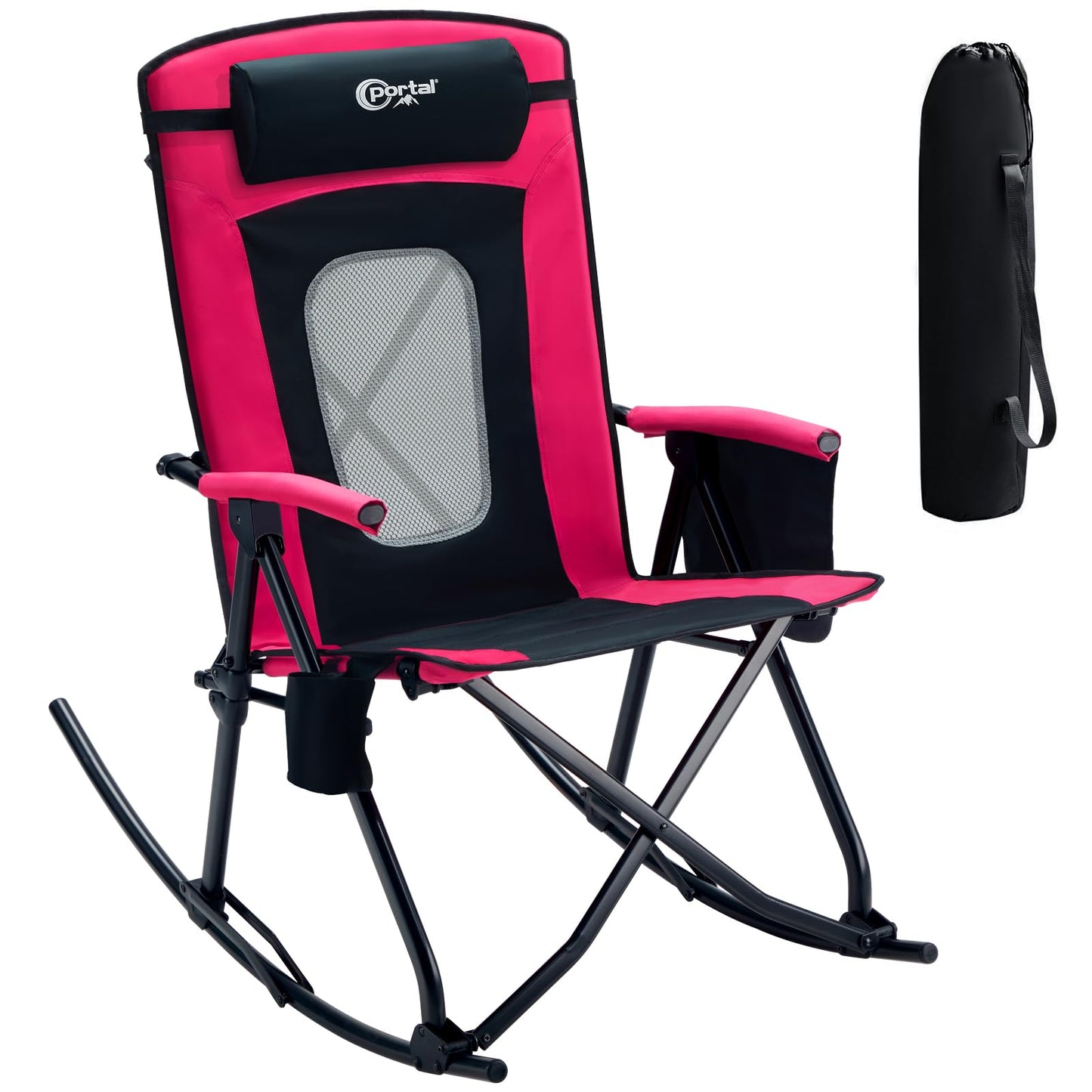 Portal Oversized Folding Rocking Camping Chair Portable Outdoor Rocker with High Back, Pillow for Lawn, Patio, Camping Outside, Hot Pink, 400 lbs