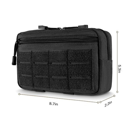Tactical MOLLE Admin Pouch - Laser-Cut EDC Tool Bag, Horizontal Modular Organizer w/American Flag Patch & Keychain(Black)