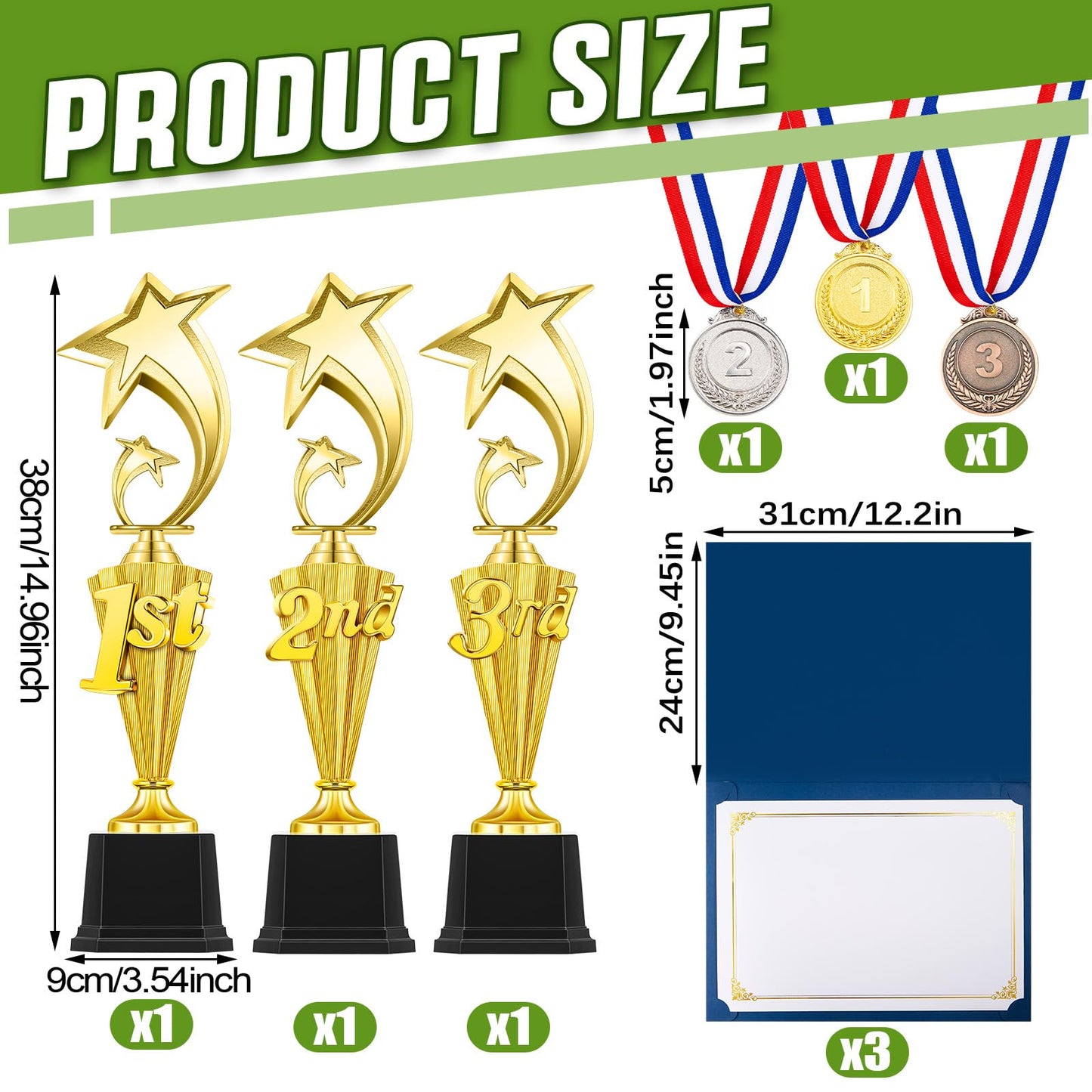 Motionchic 12 Pcs 1st 2nd 3rd Place Trophy Set 3 Award Medals in Gold Silver Bronze 3 Certificate Holders with Pages for Sports Basketball Soccer Competitions Reward Ceremony(Classic)