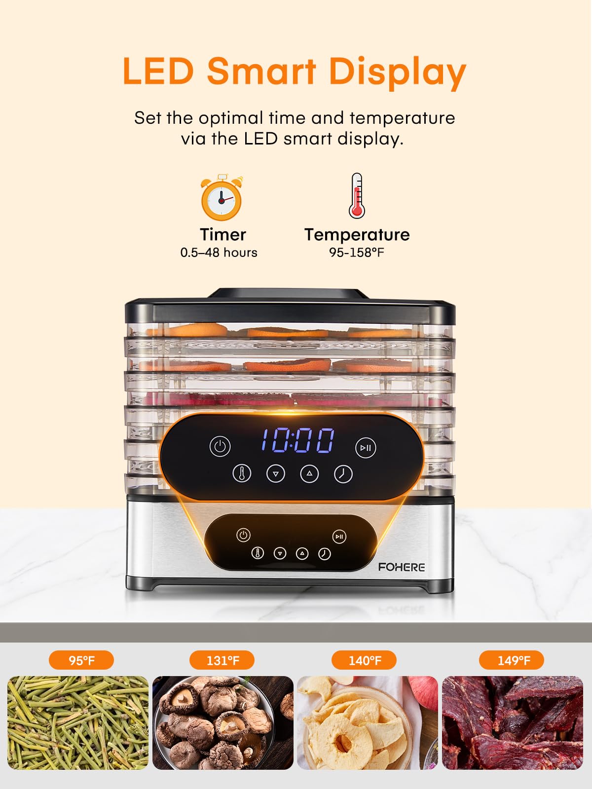 FOHERE Food Dehydrator, 5 BPA-Free Tray Dehydrators for Food and Jerky, Fruit, Herbs, Meat, Dog Treats, 48H Timer and 95-158°F Temperature Control, 400W Dehydrator Machine, 11.42" Stackable Trays
