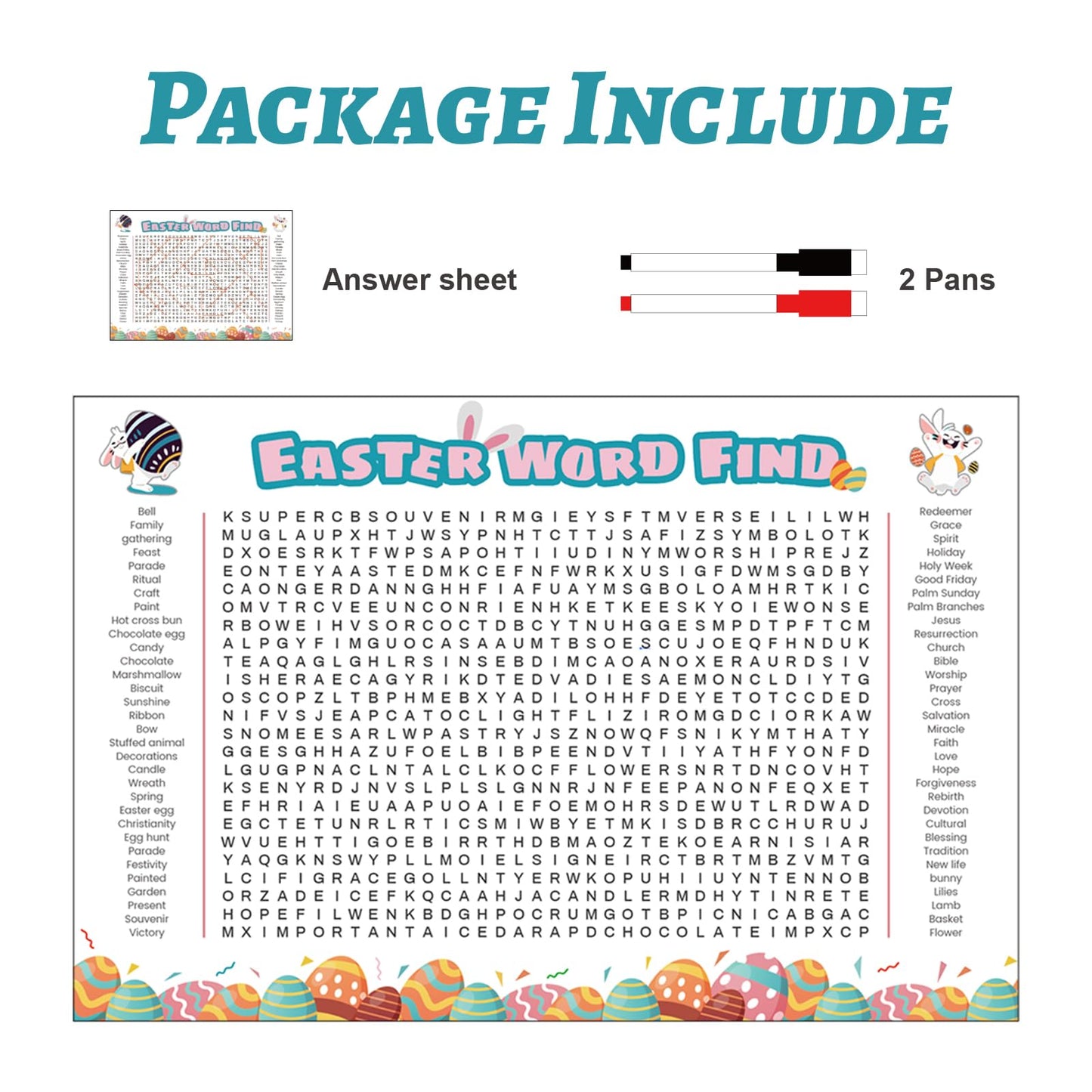 WBCPATY Jumbo Large Size Easter Word Search Poster, 53" X 36" Giant Holiday Word Search Wall Poster for Easter, Wall Game with 64 Words for Family Holiday Party Activity