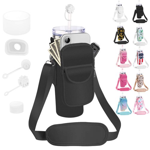 BOCMTR Water Bottle Holder with Strap for Stanley 30/40 oz Tumbler, Fashion Stanley Cup Bag with Big Phone Pocket, Silicone Boot, Straw Cover & Leak Proof Stoppers (Black)