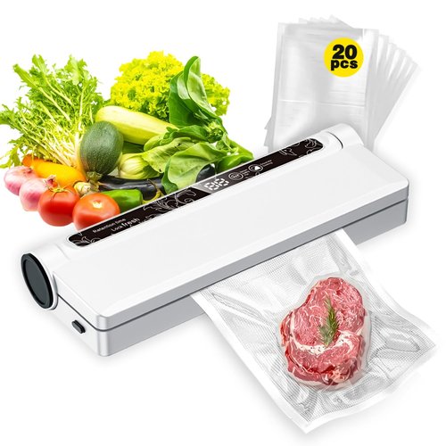 Portable Vacuum Sealer Machine for Food Storage, 75KPA Strong Suction, Dry/Wet Modes with One-Touch Seal, Includes 20 Bags & Digital Timer, Compact for Home Kitchen, Camping, Travel