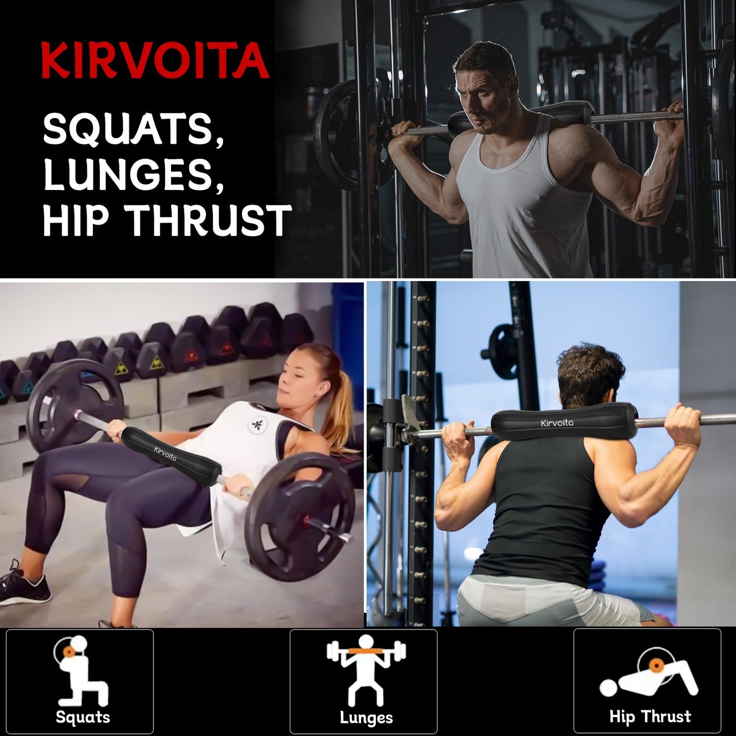 KIRVOITA Rubber Barbell Pad, Squat Pad, Hip Thrust Pad, Easy to Install, No Straps Needed, for Both Heavy Weights & Lower Weights (15.5 * 3.5 * 3.5 in, Black)