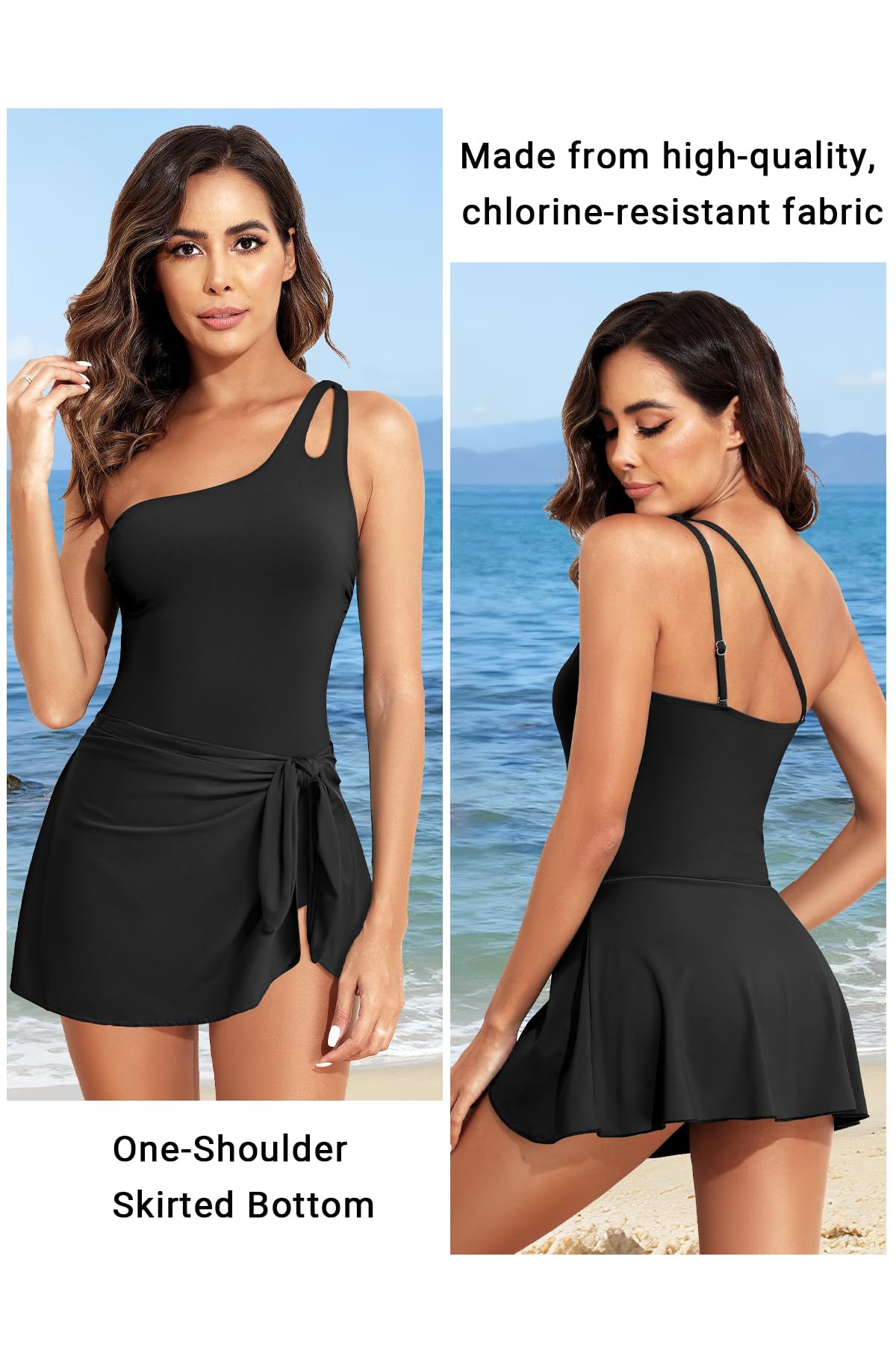 Daci One Piece Swimsuit with Skirt Tummy Control Swim Dress Black M