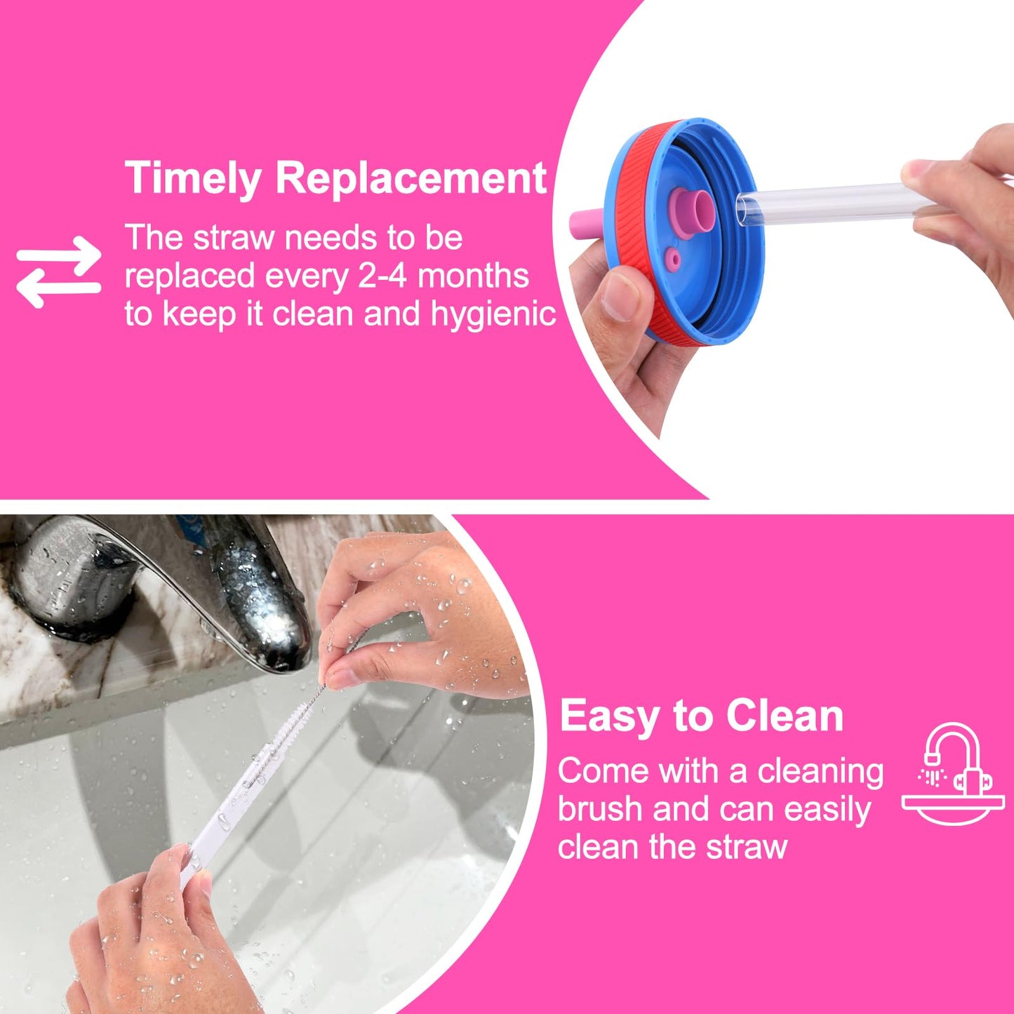 XANGNIER Replacement Straws and Bite Valve Compatible with Zak Designs Kelso 15 oz Tumbler Water Bottle,4 Pcs Silicone Straws with Cleaning Brush for Zak Designs Kelso 12 oz Cups,Hot Pink
