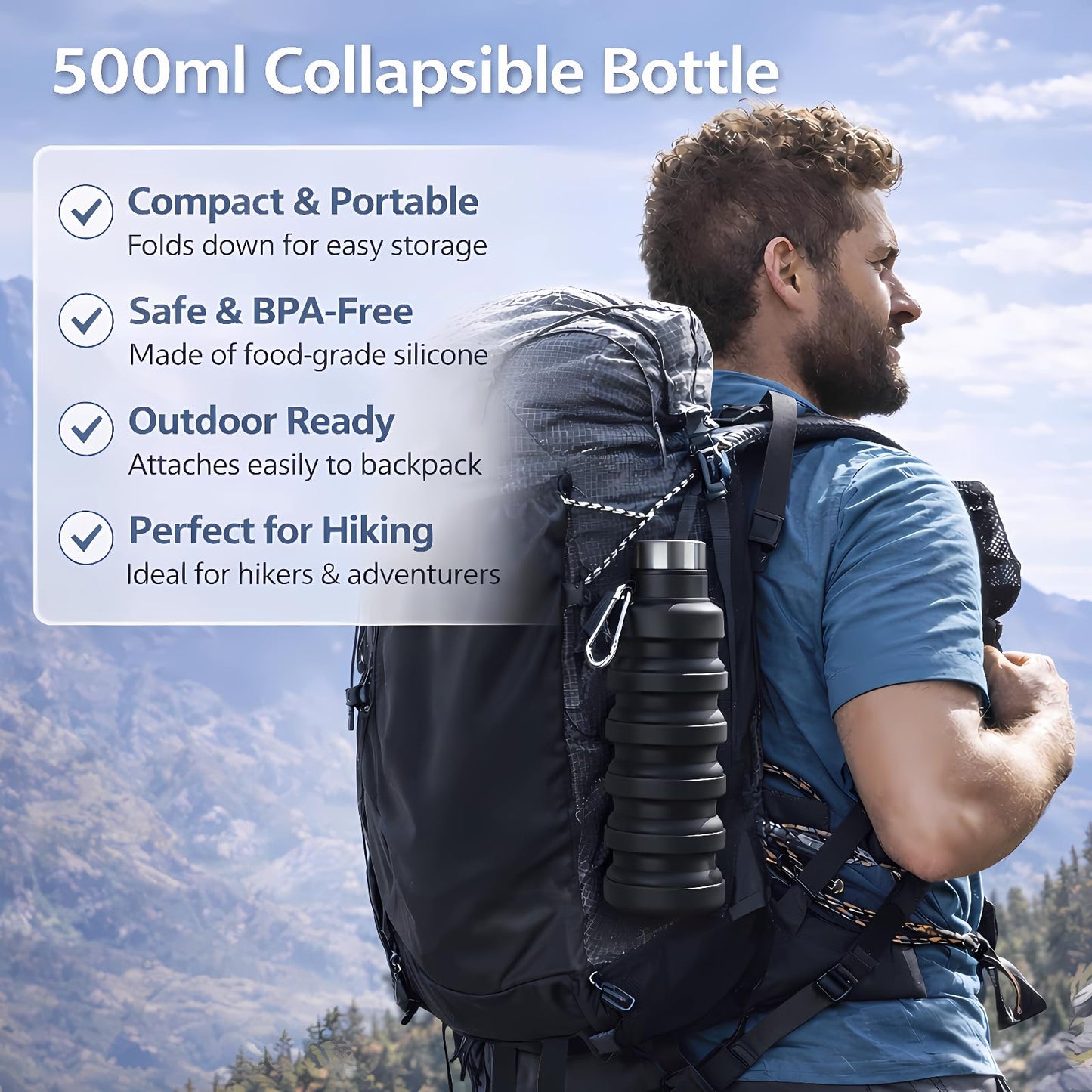 Collapsible Water Bottles,16oz Capacity Portable Reusable Silicone Water Bottle,Leak-proof,with buckle,foldable storage,Lightweight Durable for Fitness,Cycling,Sports,Camping,Hiking，Deep Black