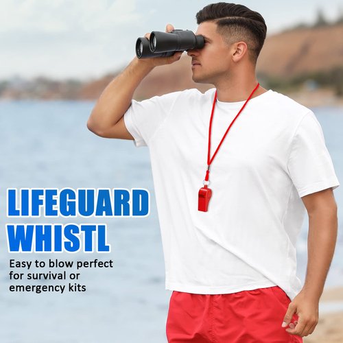 Flutesan 48 Pcs Plastic Whistles with Lanyard Sports Loud Crisp Sound Whistles Bulk for Coach Referees Training Emergency (Red)