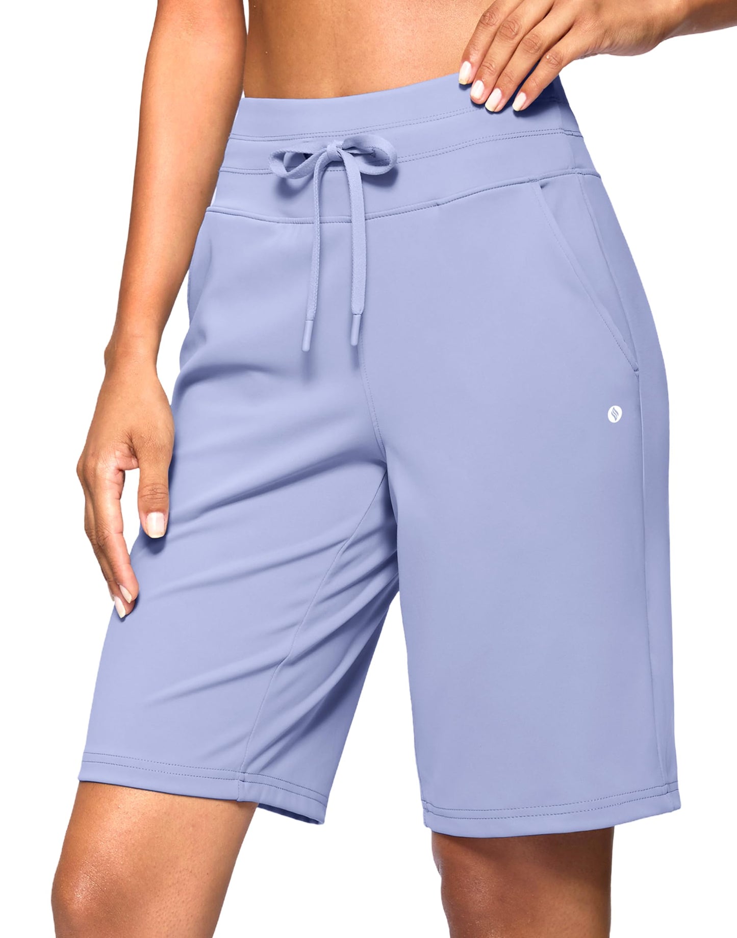 SANTINY Women's Bermuda Long Shorts with Pockets Drawstring High Waisted Athletic Knee Length Shorts for Women Walking Casual Workout (Lavender_L)