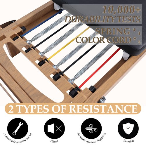 Foldable Pilates Reformer Machine, 90% Pre-Assembled Pro Pilates Equipment，Adjustable Spring + Latex Resistance, 88in Extended Imitation Wood Frame with Jumpboard for Home Gym Women Men Exercise Use
