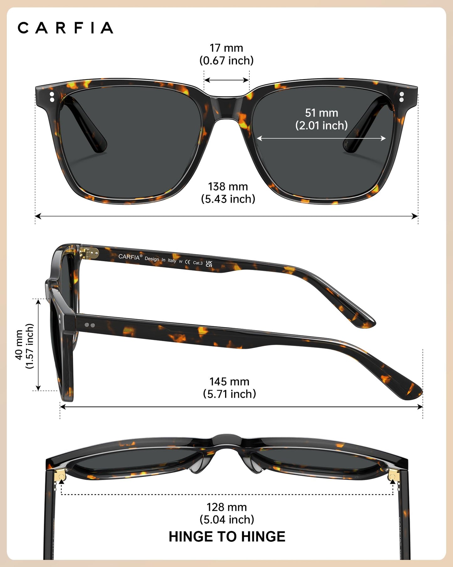 CARFIA Polarized Sunglasses for Women: Acetate, Small/Medium Size, UV400 Anti Glare CA5354