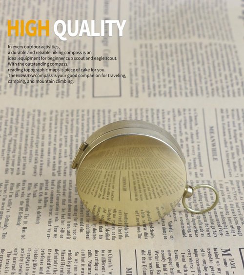 HKSWUTKW Brass Waterproof Golden Keychain Compass - Vintage Antique Design for Kids, Boy Scouts & Hiking - Survival Orienteering & Navigation Gear